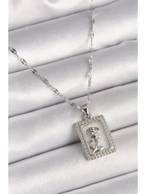 316L Çelik Gümüş Renk Zincir Zirkon Taşlı Beyaz Sedefli Gül Portre Model Kadın Kolye