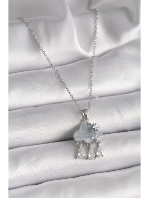  Gümüş  Zincir Zirkon Taşlı Bulut Model Sallantı Damla Figür  Çelik Kolye