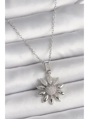  Gümüş  Zincir Zirkon Taşlı Çiçek Model  Çelik Kolye