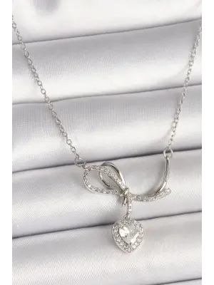  Gümüş  Zincir Zirkon Taşlı Düğüm Sallantı Kalp Figür  Çelik Kolye