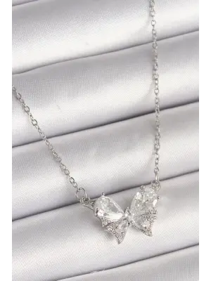  Gümüş  Zincir Zirkon Taşlı Fiyonk Model  Çelik Kolye