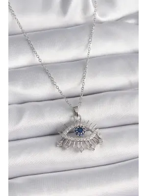  Gümüş  Zincir Zirkon Taşlı Göz Model  Çelik Kolye