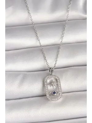 316L Çelik Gümüş Renk Zincir Zirkon Taşlı Göz Yıldız Model Kadın Kolye