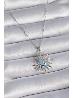  Gümüş  Zincir Zirkon Taşlı Güneş Figür  Çelik Kolye