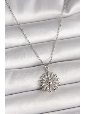 316L Çelik Gümüş Renk Zincir Zirkon Taşlı Güneş Model Kadın Kolye