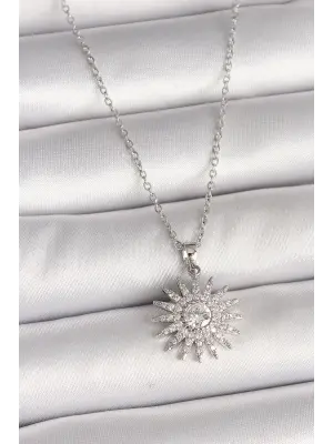 316L Çelik Gümüş Renk Zincir Zirkon Taşlı Güneş Model Kadın Kolye