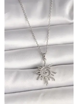 316L Çelik Gümüş Renk Zincir Zirkon Taşlı Güneş Model Kadın Kolye