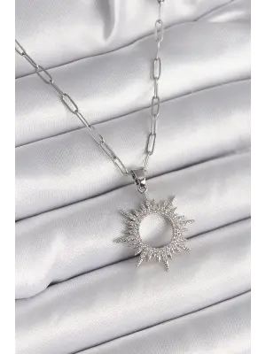  Gümüş  Zincir Zirkon Taşlı Güneş Model  Çelik Kolye