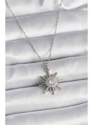 Gümüş  Zincir Zirkon Taşlı Güneş Model  Çelik Kolye