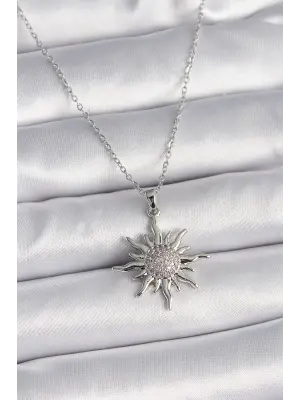  Gümüş  Zincir Zirkon Taşlı Güneş Model  Çelik Kolye