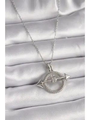  Gümüş  Zincir Zirkon Taşlı Halka Model  Çelik Kolye