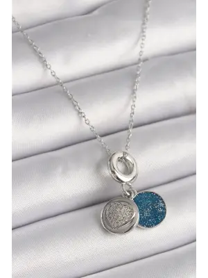  Gümüş  Zincir Zirkon Taşlı İşleme Mavi Simli  Çelik Kolye