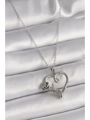  Gümüş  Zincir Zirkon Taşlı Kalp Figür Gül Detay  Çelik Kolye