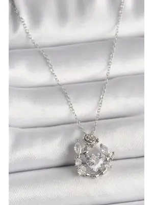  Gümüş  Zincir Zirkon Taşlı Kalp Figür Gül Detay  Çelik Kolye