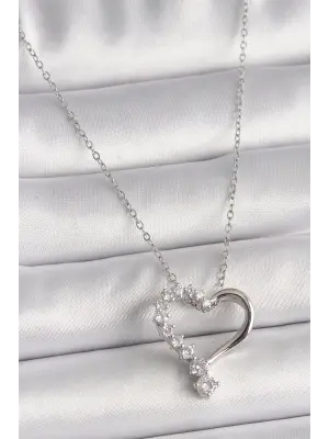  Gümüş  Zincir Zirkon Taşlı Kalp Model  Çelik Kolye