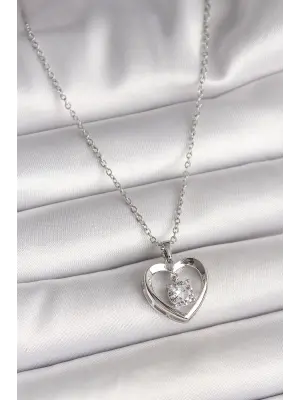 316L Çelik Gümüş Renk Zincir Zirkon Taşlı Kalp Model Kadın Kolye