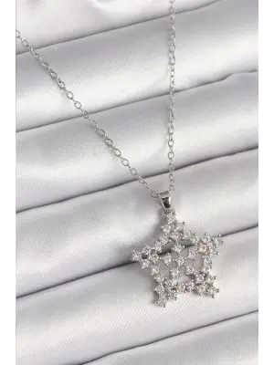 Gümüş Renkli Taşlı Kar Tanesi Model Çelik Kadın Kolye