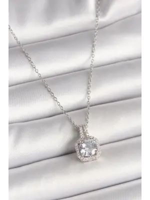 316L Çelik Gümüş Renk Zincir Zirkon Taşlı Kare Model Kadın Kolye