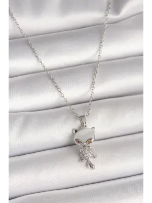 316L Çelik Gümüş Renk Zincir Zirkon Taşlı Kedi Model Kadın Kolye