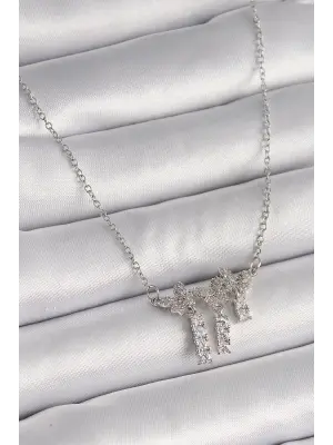  Gümüş  Zincir Zirkon Taşlı Kelebek Model Sallantı Detay  Çelik Kolye