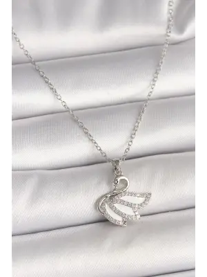 316L Çelik Gümüş Renk Zincir Zirkon Taşlı Kuğu Model Kadın Kolye