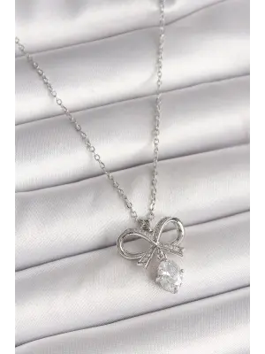 316L Çelik Gümüş Renk Zincir Zirkon Taşlı Kurdele Model Kadın Kolye