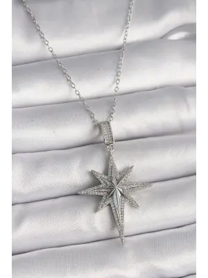  Gümüş  Zincir Zirkon Taşlı Kutup Yıldız Model  Çelik Kolye