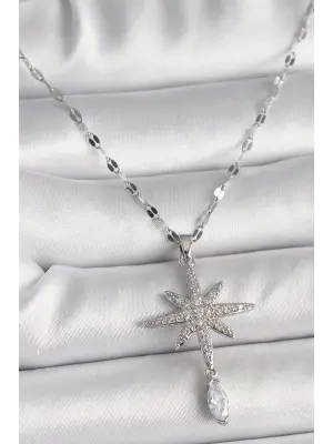  Gümüş  Zincir Zirkon Taşlı Kuzey Yıldız Figür Sallantı Taş Detay  Çelik Kolye