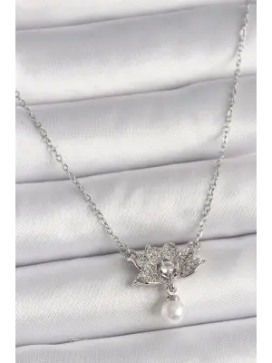  Gümüş  Zincir Zirkon Taşlı Lotus Çiçeği Figür Sallantı İnci Detay  Çelik Kolye