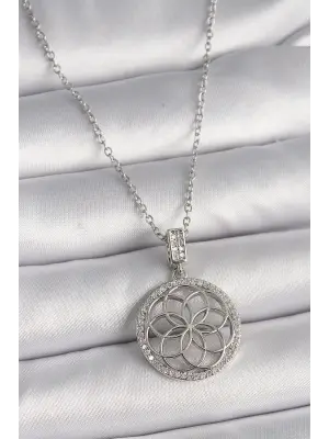  Gümüş  Zincir Zirkon Taşlı Lotus Model  Çelik Kolye