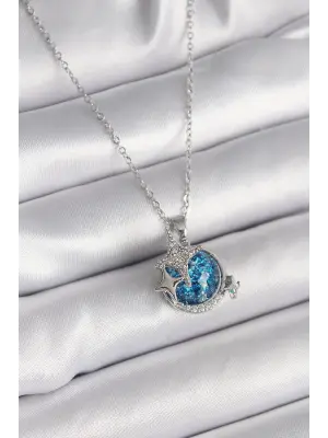  Gümüş  Zincir Zirkon Taşlı Mavi Simli Gezegen Figür Yıldız Detay  Çelik Kolye