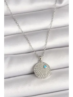 316L Çelik Gümüş Renk Zincir Zirkon Taşlı Mavi Taş Detaylı Madalyon Model Kadın Kolye
