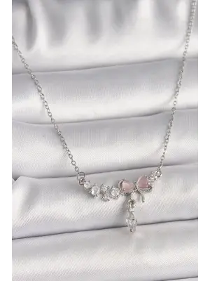  Gümüş  Zincir Zirkon Taşlı Pembe Mineli Fiyonk Model Sallantı Taş Detay  Çelik Kolye
