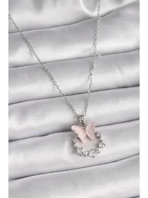  Gümüş  Zincir Zirkon Taşlı Pembe Mineli Kelebek Model  Çelik Kolye