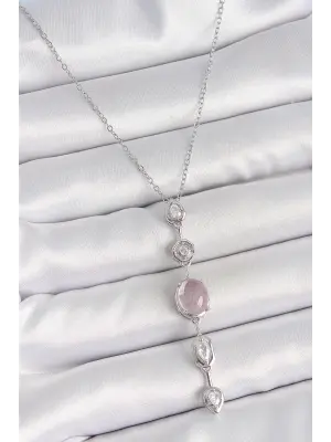316L Çelik Gümüş Renk Zincir Zirkon Taşlı Pembe Sedefli Y Model Dekolte Kadın Kolye
