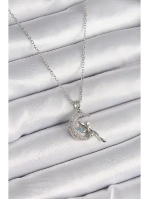  Gümüş  Zincir Zirkon Taşlı Peri Figür  Çelik Kolye