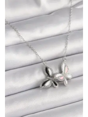  Gümüş  Zincir Zirkon Taşlı li Kelebek Model  Çelik Kolye