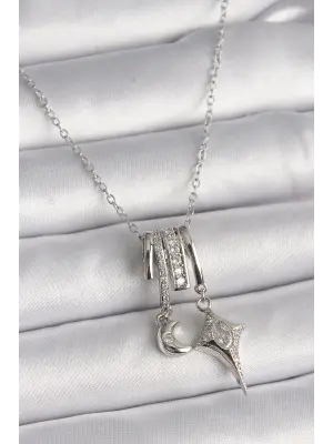  Gümüş  Zincir Zirkon Taşlı Sallantı Hilal Yılıdız Model  Charm Çelik Kolye