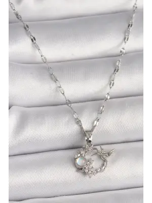  Gümüş  Zincir Zirkon Taşlı Sinek Kuşu Figür Çiçek Detay  Çelik Kolye