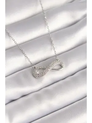  Gümüş  Zincir Zirkon Taşlı Sonsuzluk Model  Çelik Kolye