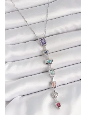 316L Çelik Gümüş Renk Zincir Zirkon Taşlı Y Model Dekolte Kadın Kolye