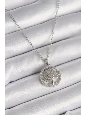  Gümüş  Zincir Zirkon Taşlı Yaşam Ağacı Figür  Çelik Kolye