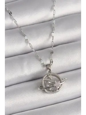  Gümüş  Zincir Zirkon Taşlı Yıldız Detay Gezegen Model  Çelik Kolye