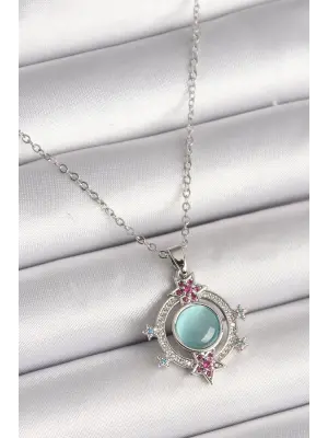  Gümüş  Zincir Zirkon Taşlı Yıldız Detay Yeşil Sedefli  Çelik Kolye