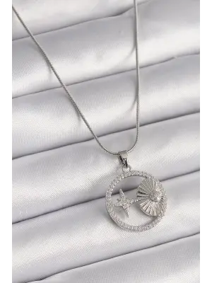  Gümüş  Zincir Zirkon Taşlı Yıldız Madalyon Model  Çelik Kolye