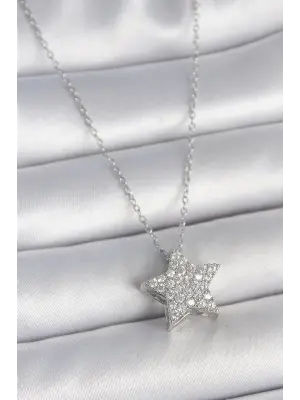 316L Çelik Gümüş Renk Zincir Zirkon Taşlı Yıldız Model Kadın Kolye
