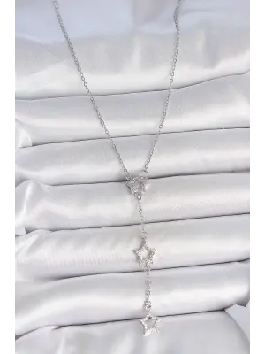 316L Çelik Gümüş Renk Zincir Zirkon Taşlı Yıldız Y Model Kadın Kolye