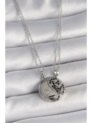316L Çelik Gümüş Renk Zincir Zirkon Taşlı Ying Yang Model Gün Batımı İşlemeli Arakdaşlık Kadın Kolye