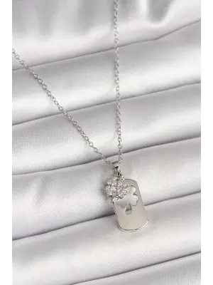 316L Çelik Gümüş Renk Zincir Zirkon Taşlı Yonca Model Kadın Kolye