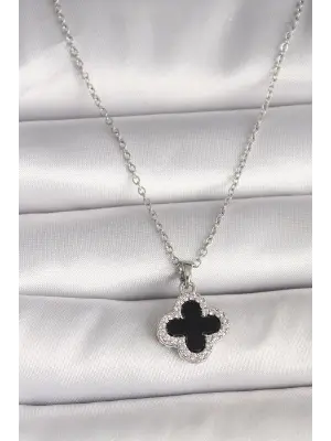 316L Çelik Gümüş Renk Zincir Zirkon Taşlı Yonca Model Kadın Kolye